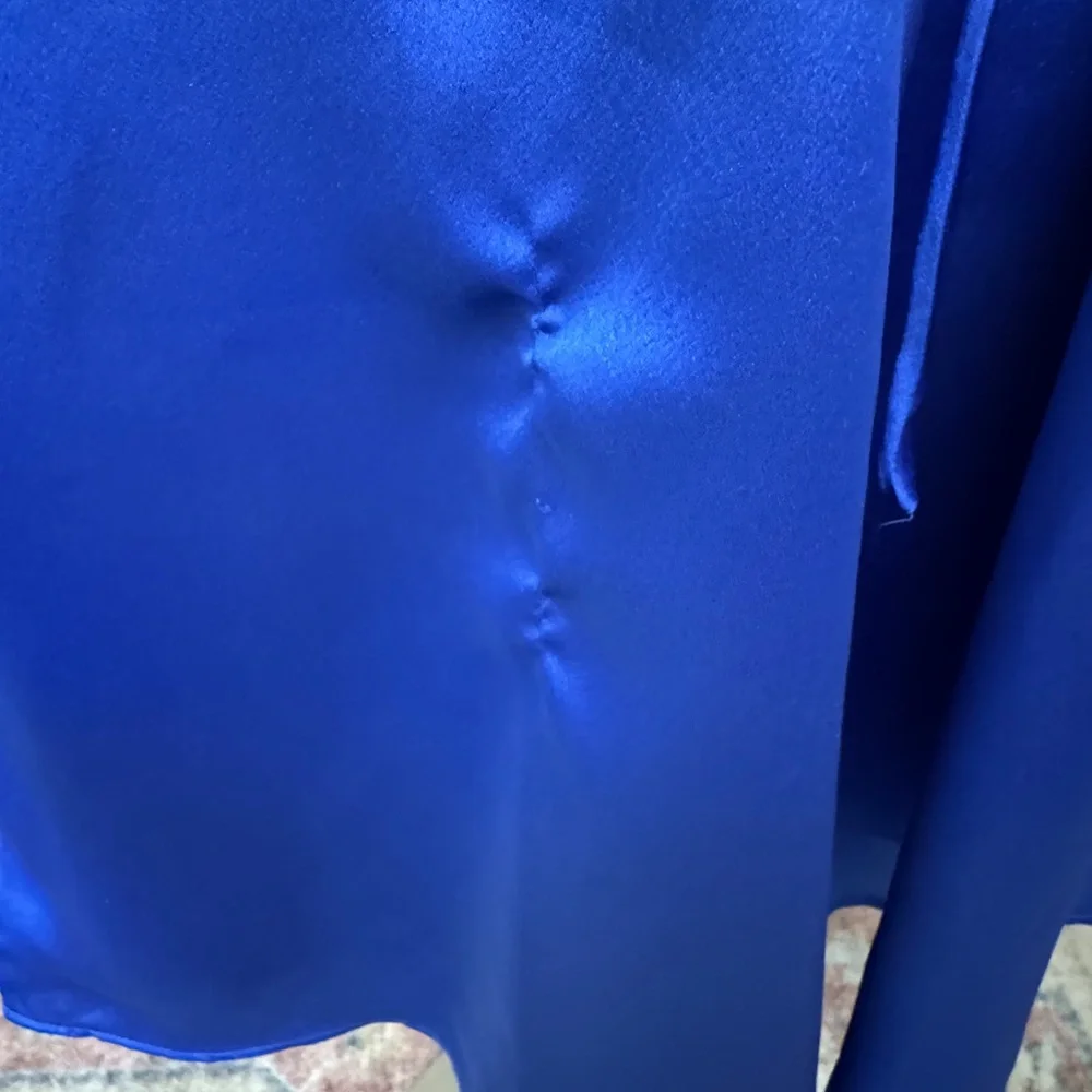 Ann Taylor Royal Blue Satin Dress | Size 6 | Puff Sleeve Tie Waist Midi Dress - Picture 5 of 10